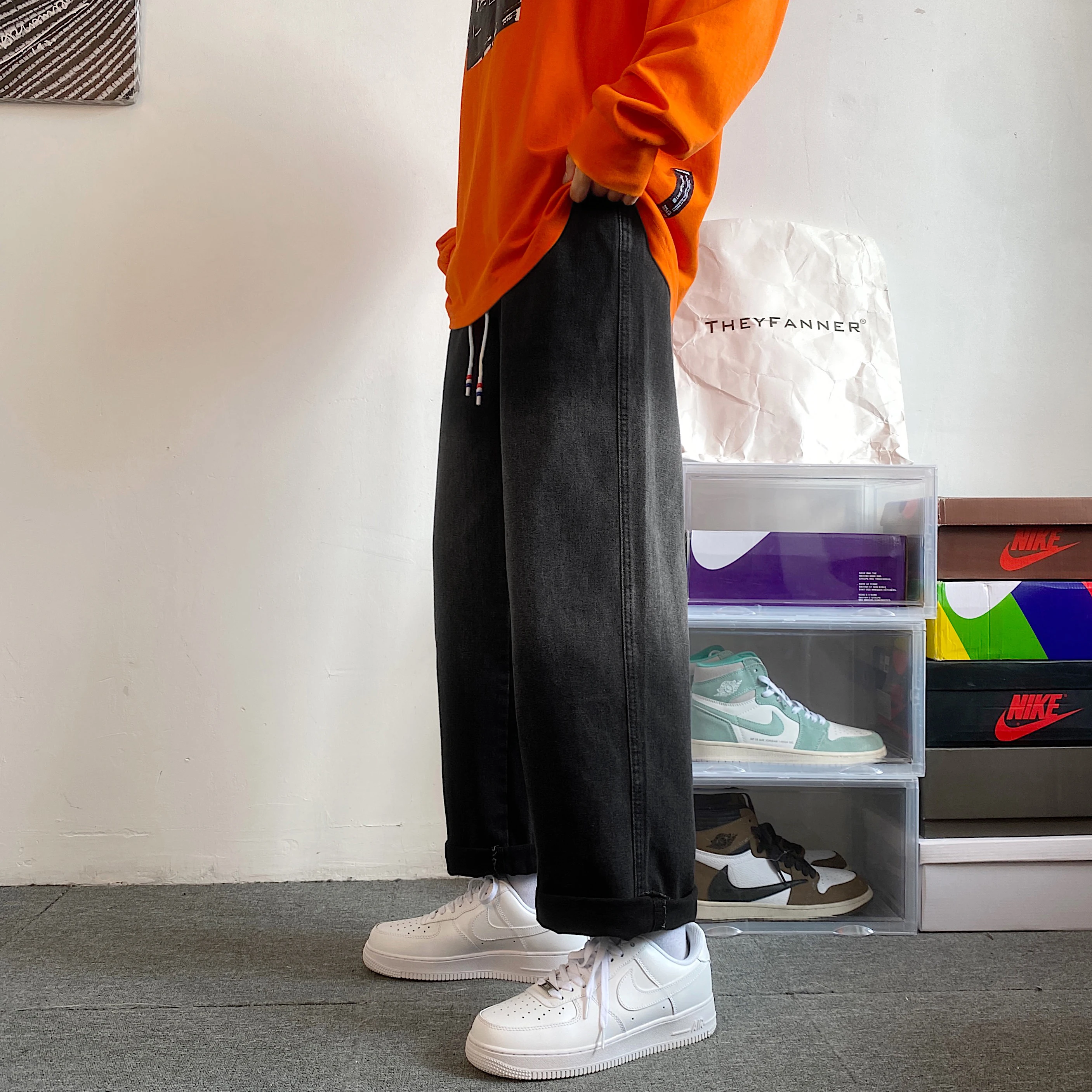 2023 Spring Autumn Black Jeans Fashion Design Casual Ankle Banded Pants Loose Straight Men's Clothing