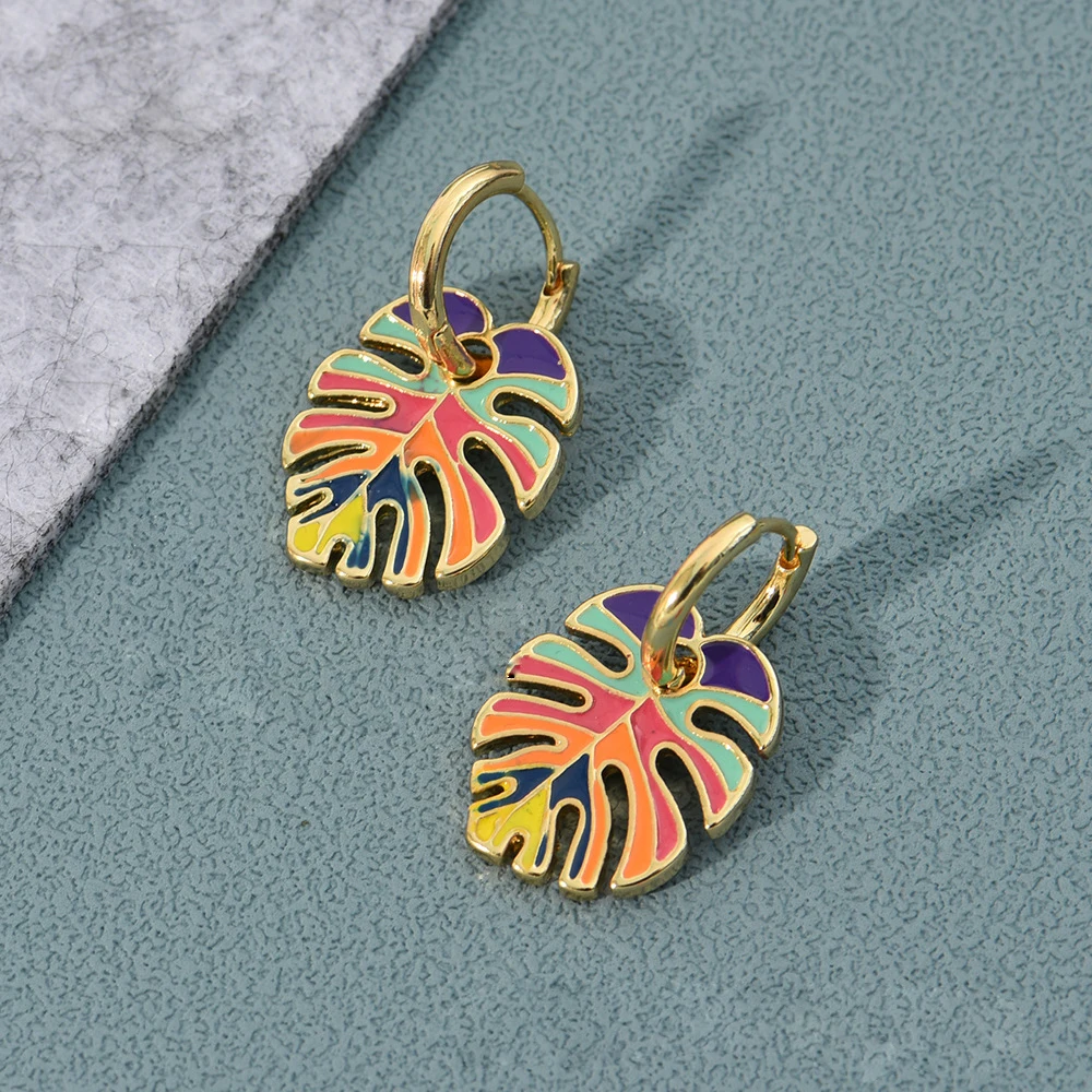 

Cute Colorful Enamel Drop Oil Leaf Cactus Earrings for Women Girls Sweet Fresh Plant Hanging Hoop Earrings Boho Jewelry Gift