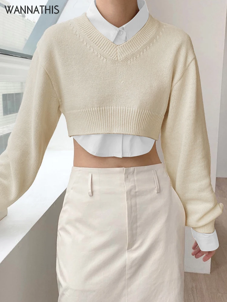 

WannaThis Y2K Knit Crop Sweater For Women Patchwork Turn Down Collar Long Sleeve England Style Pullover Winter Pull 2 Pcs Sets