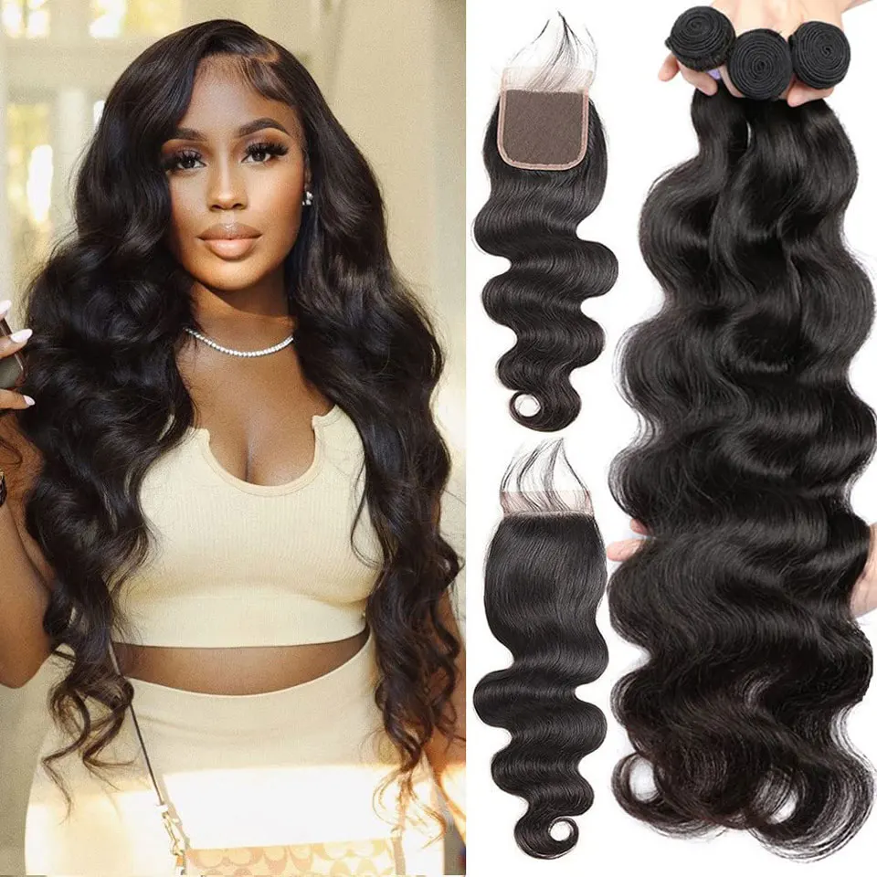 Body Wave Human Hair Bundles With Closure Brazilian Hair Weave 3 Bundles With Closure Natural Color Bundles For Black Woman
