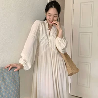 clothland women sweet white midi dress lace hollow out bow tie v neck long sleeve autumn mid calf cute dresses mujer qb229