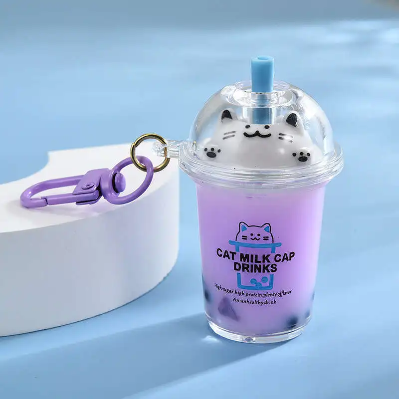 Creative Cute Cup Cat Pearl MilkM чай Keychain сетки красный поток бутылка с песком цепочка