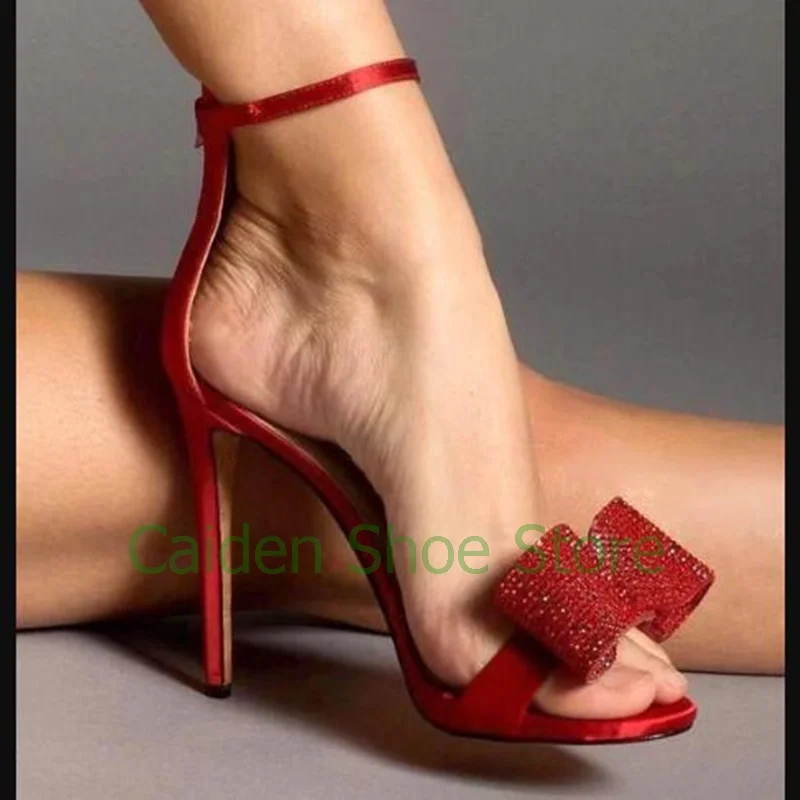 

New Red Open Toe Rhinestone Sandals Wedding Women Luxury Crystal Stiletto High Heel Bow Tie Sandals Ladies Buckle Starp Shoes