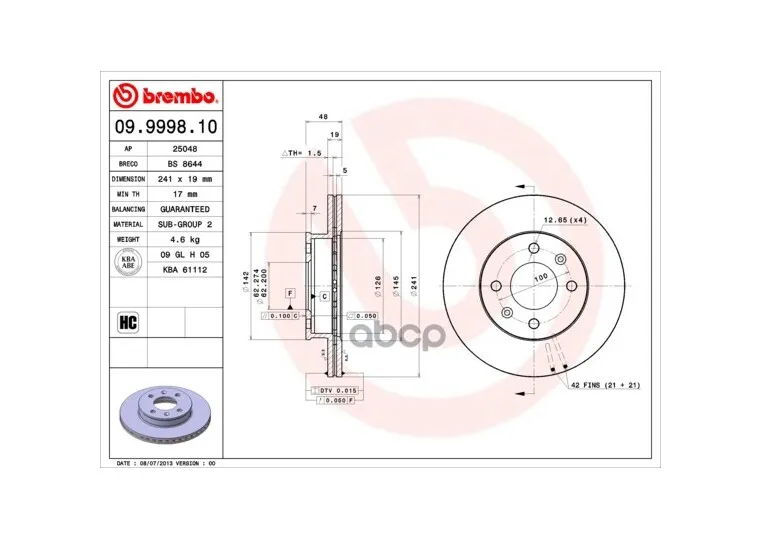 Диск Тормозной Standard | Перед Brembo арт. 09999810