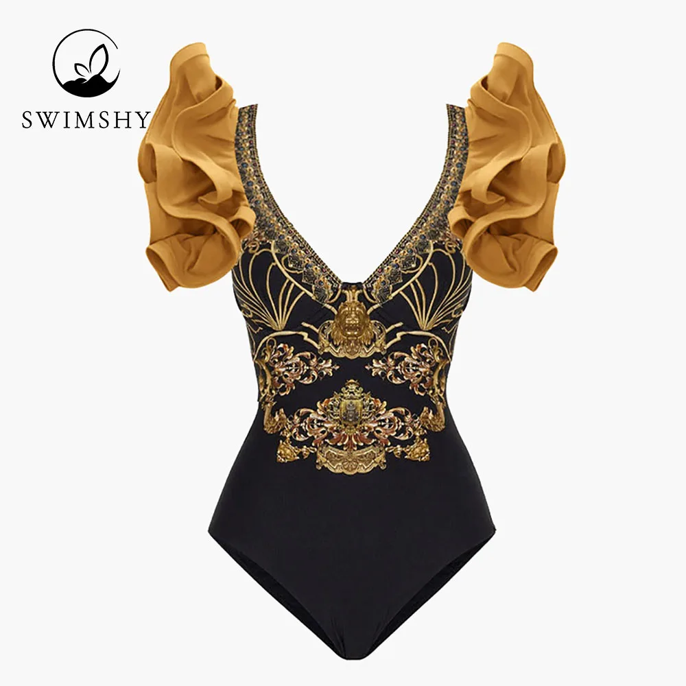2022 Fashion Print Swimsuits Sexy Chic One-piece Swimwear Summer Beach Wear Ruffle V-neck Bikinis Women's Bathing Suit Backless