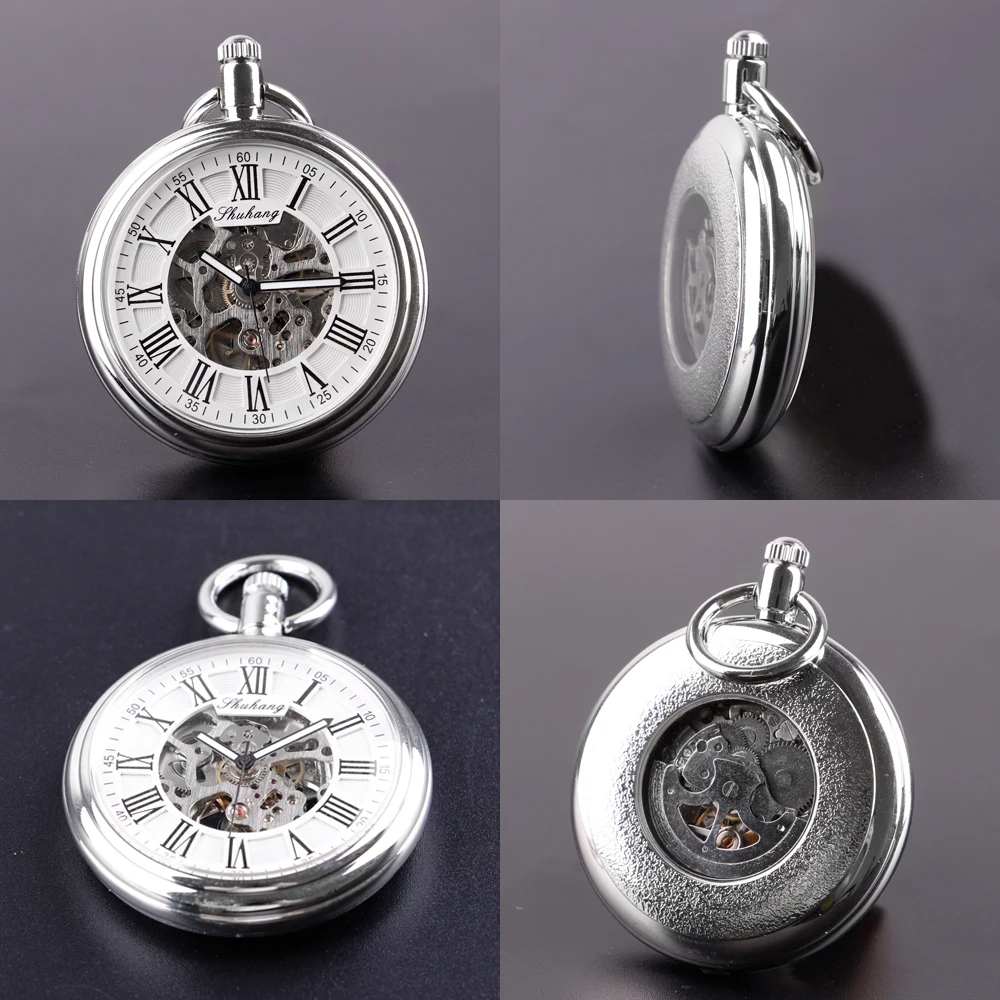 2022 New Fashion Mechanical Pocket Watch Silver Roman Numerals Gentleman Retro Pocket Watch Men's Birthday Anniversary Gift