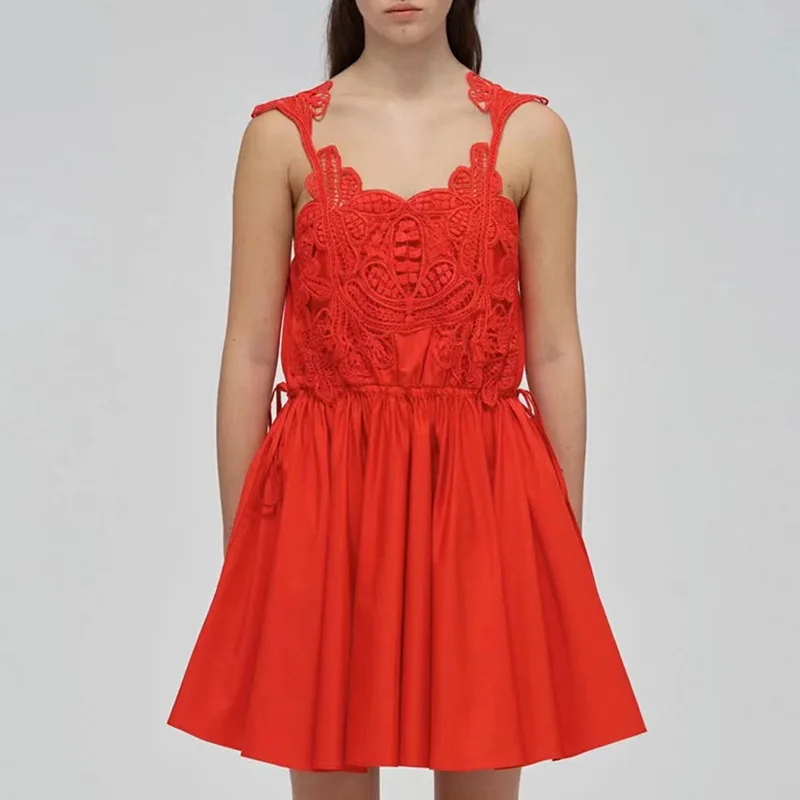 Luxury Embroidery Women Red Dress Elegant Sexy Sleeveless Mini Dresses 7188