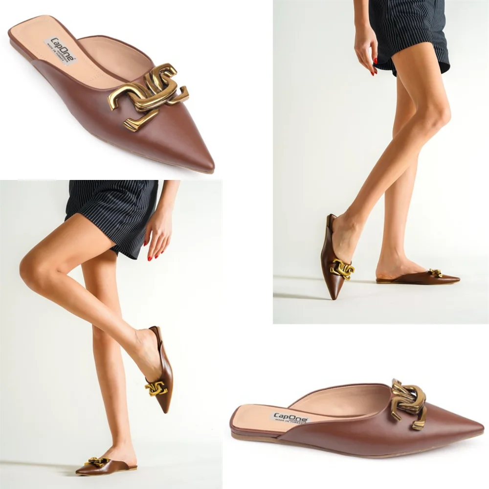 

Black Patent Leather Metal Buckled Pointed Toe Closed Women's Slippers Summer Trend Sandals Reflect Your Style