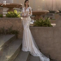 gorgeous long sleeves mermaid wedding dresses grace glitter lace embroidery vestidos de novia beach sweep train bridal robes