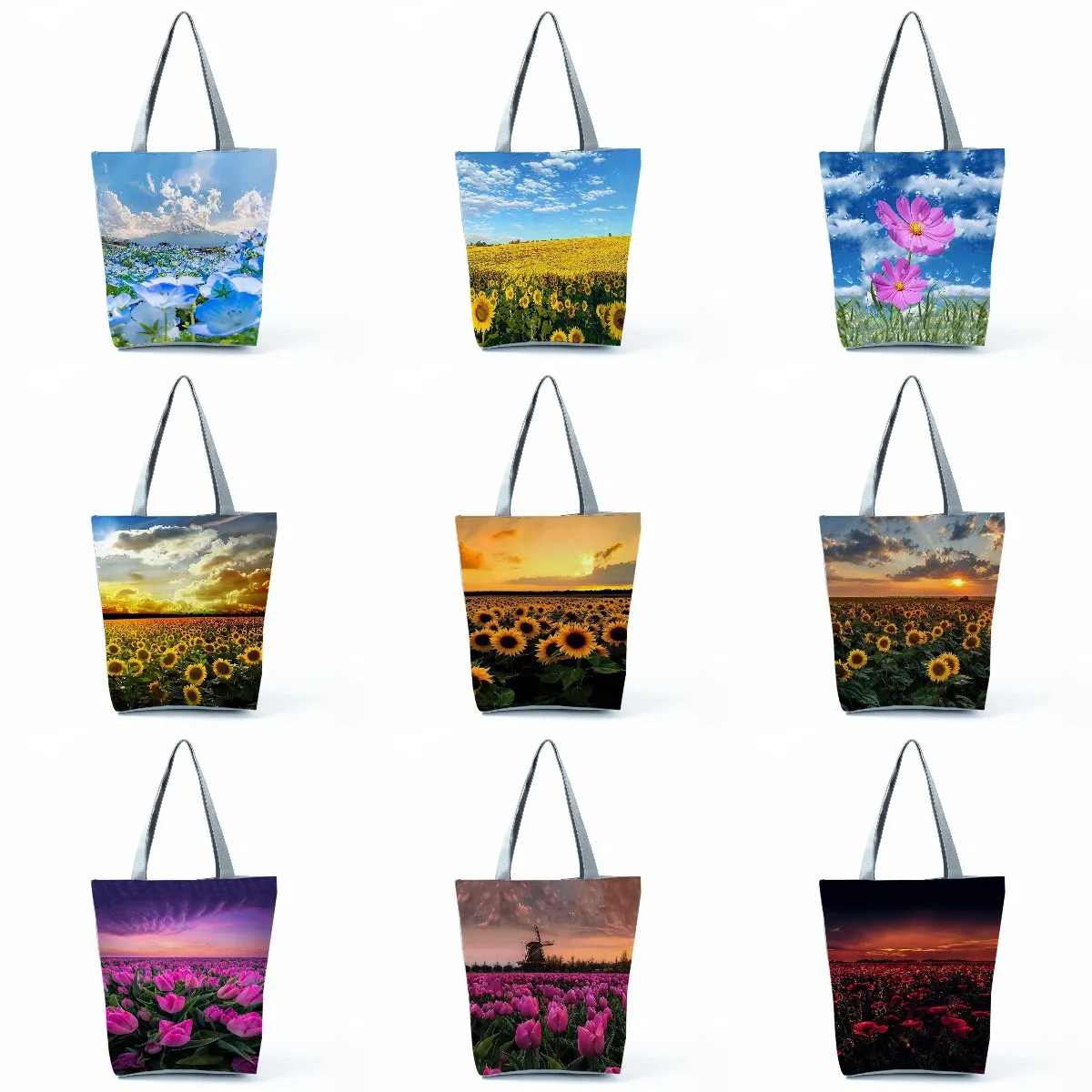 

Ladies Shopping Bag Outdoor Large Capacity Travel Sunflower Customizable Bag Rural Landscape Floral Print Women's Shoulder Bag