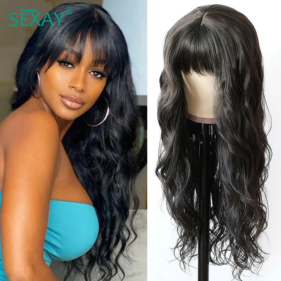 

Sexay Natural Fake Scalp Human Hair Wigs With Bangs 8-32 Inch Long Peruvian Body Wave Fake Fringe Wig 250 Density Scalp Bang Wig