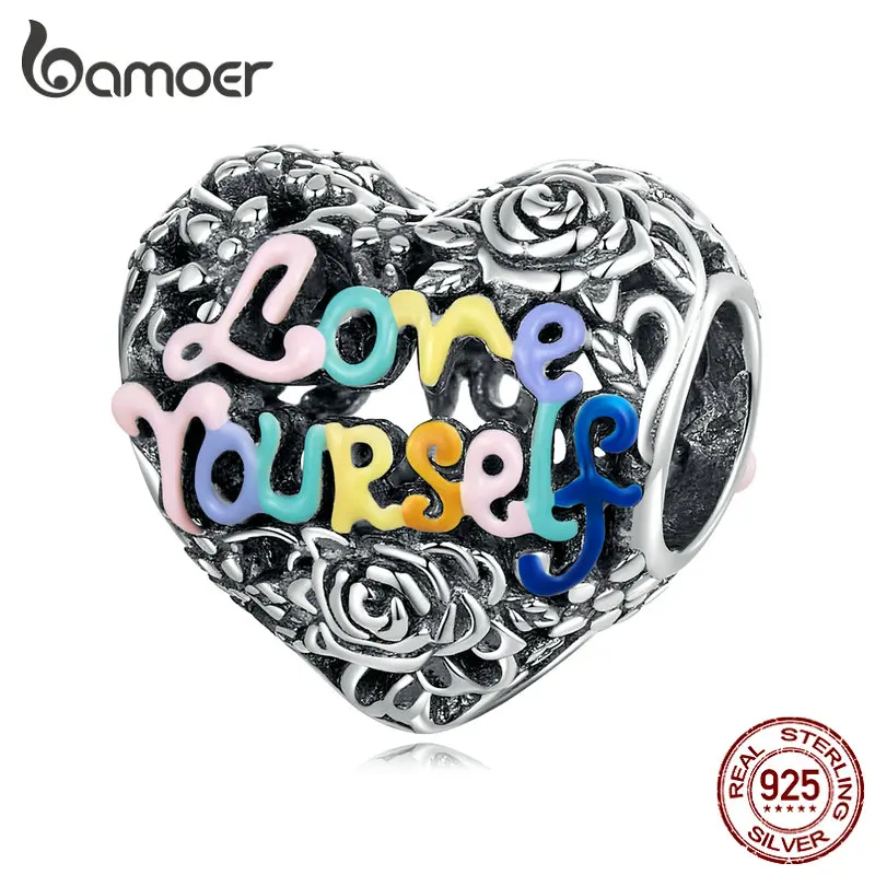 

Bamoer Vintage Colorful Love Word Heart Charms Bead 925 Sterling Silver Pendant For Women DIY Bracelet Necklace Fine Jewelry