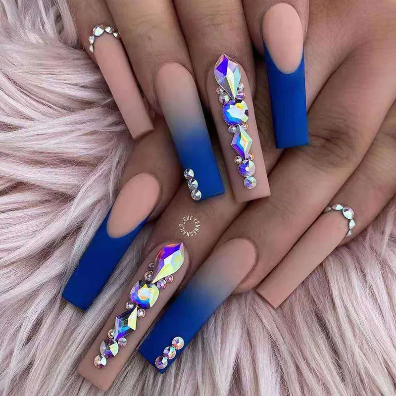 

Super Long Ballet False Nails Fake Nails European and American Nail Pieces Charming Dark Blue Frosted Damond-studded Wear Glue