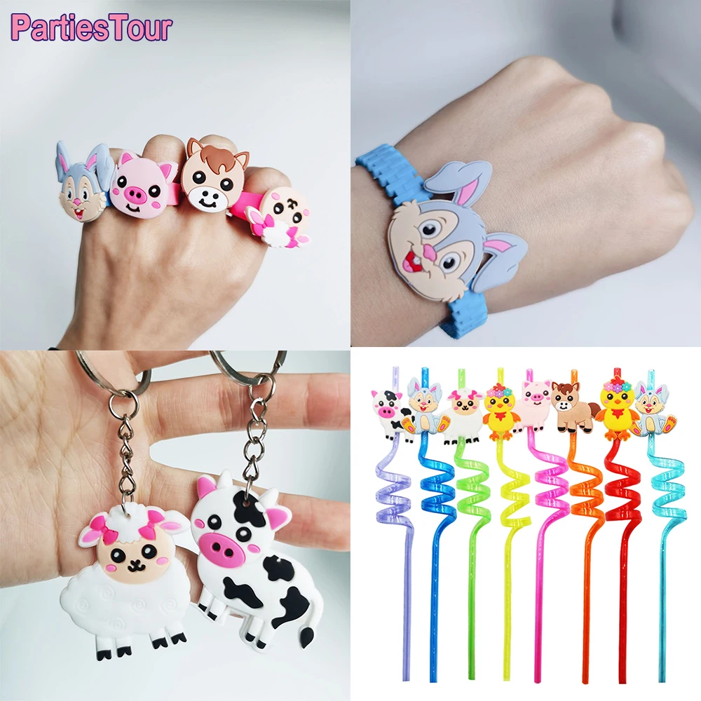 

Резиновый браслет в виде соломинки, игрушка для вечеринки с животными из фермы, корова, свинка, овечка, брелок, кольцо с животными из фермы, д...