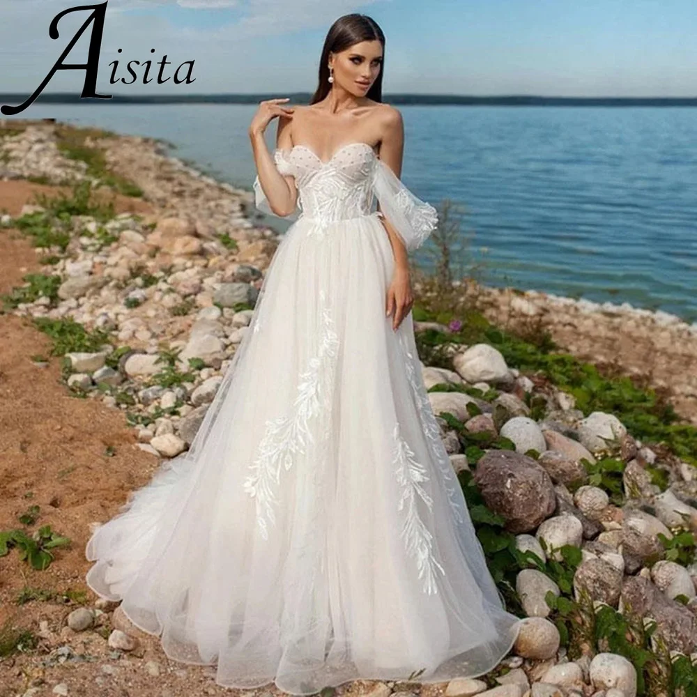 

Pretty Off The Shoulder Wedding Dresses Sweetheart Lace Appliques Bridal Gown Lace Up Back Sweep Train Vestidos De Novia