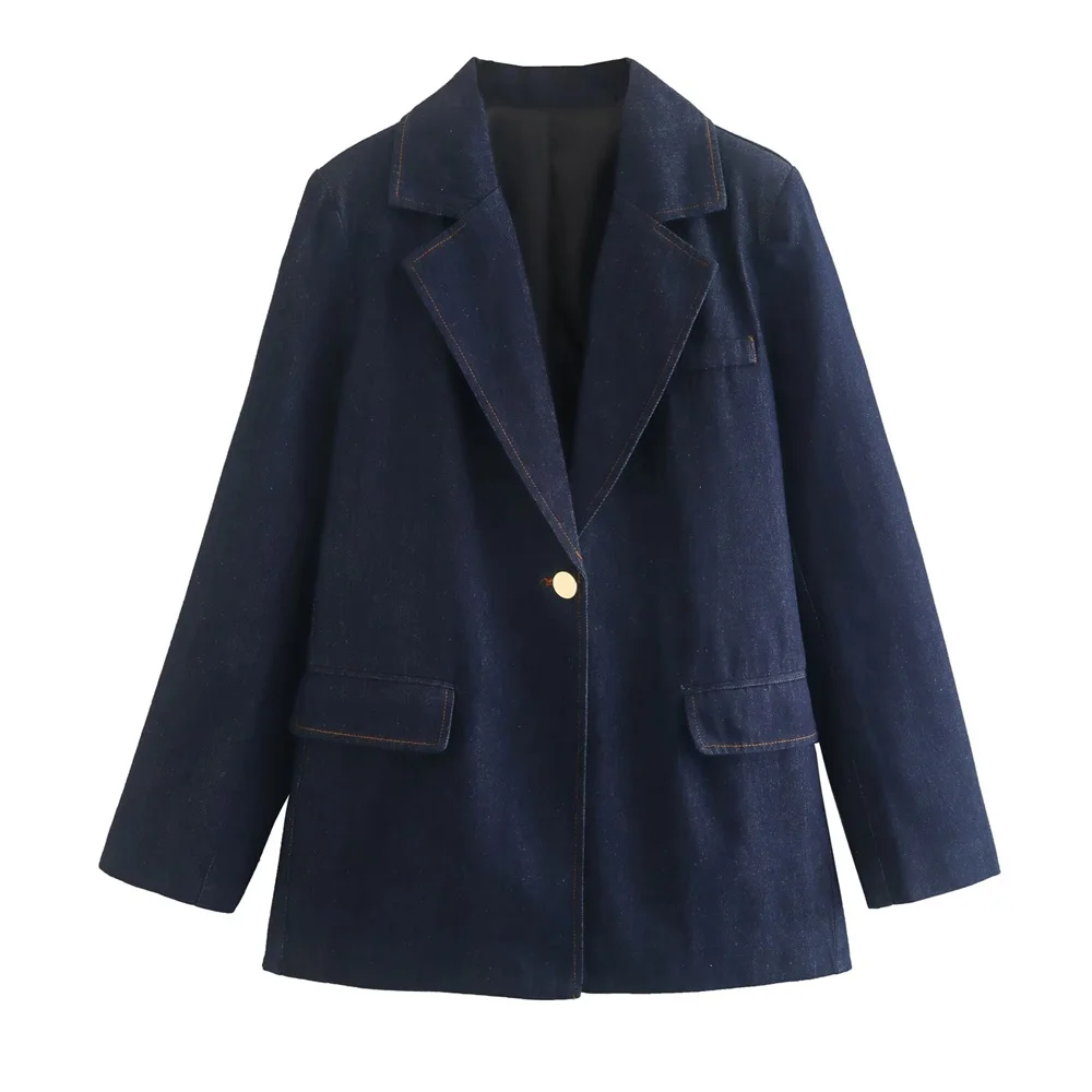 

PB&ZA 2022 Fall New Women's Lapel Long Sleeve Casual Versatile Gold Button Flap Pocket Denim Suit Jacket 8533862