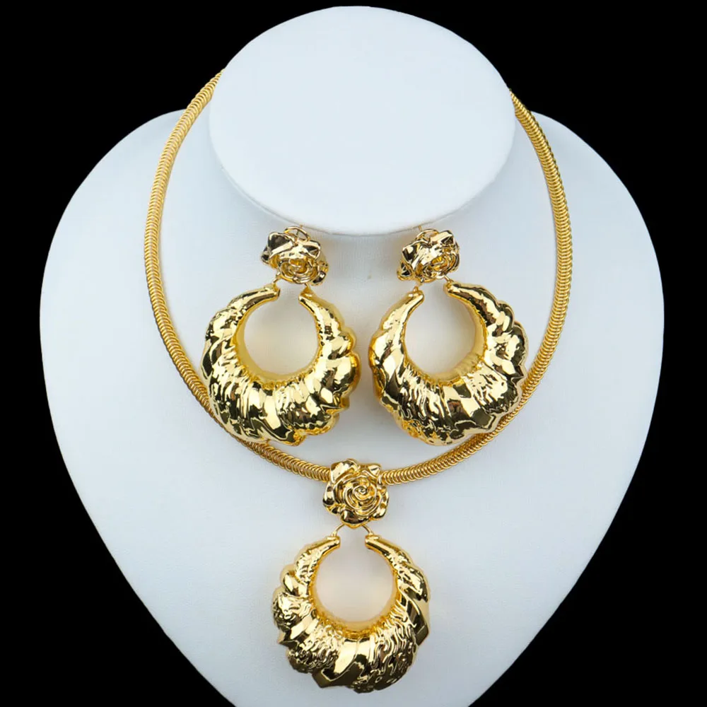 

Gold Plated Jewelry Set for Women Round Earrings and Necklack Set for African Wedding Nigerian Italian Accessory Jewellery Dubai