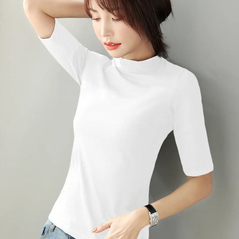 

WomenHalf sleeveT-shirts Turtleneck Solid Color Women's Top Spring Summer Autumn Cotton Shirt for womens