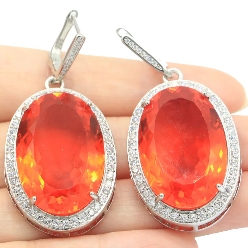 

50x26mm Delicate Cut Long Big Heavy 30g Orange Spessartine Garnet Blue Topaz CZ Women Dating Silver Earrings Eye Catching