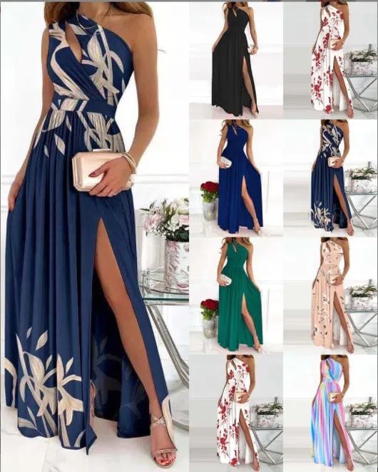 

2022 Summer Elegant One Shoulder Floral Print High Slit Cutout Maxi Party Dress Asymmetric Women Long Wedding Evening Sexy Robes