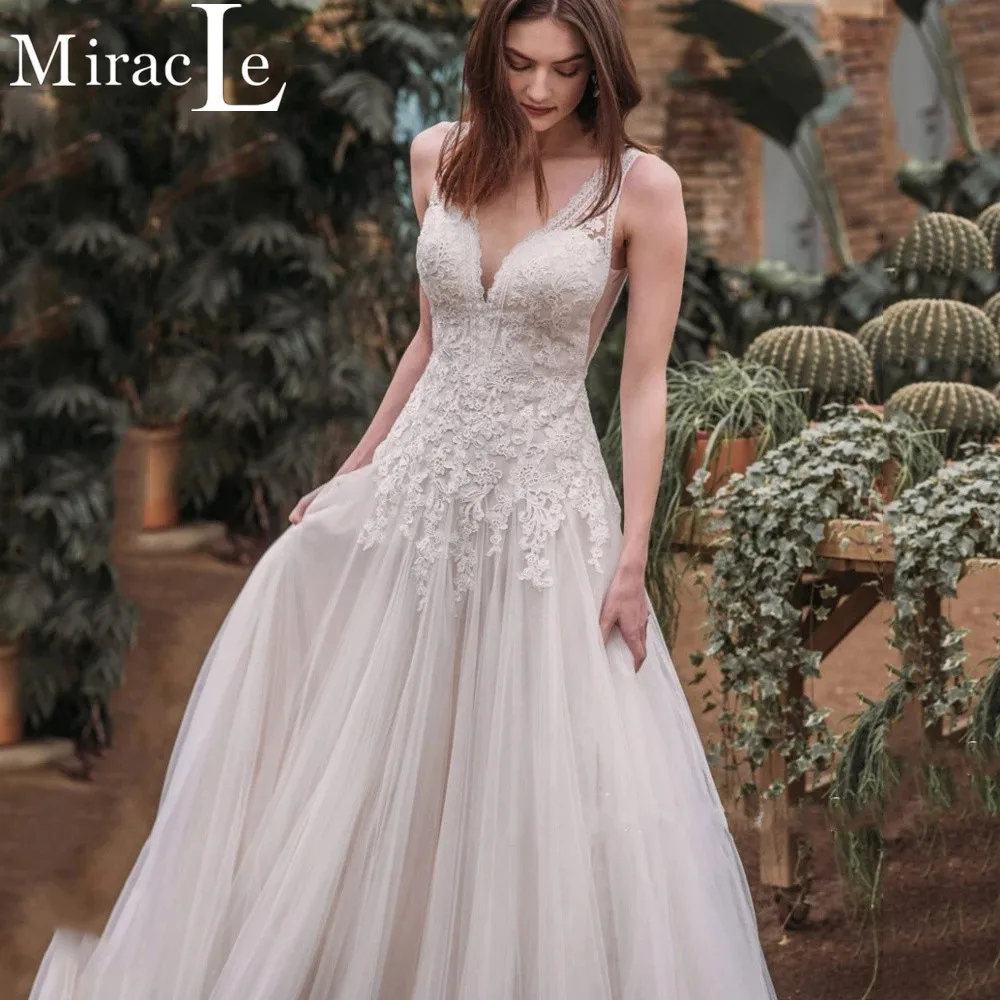 

Exquisite V Neck Wedding Dresses For Women A Line Lace Appliques Wedding Gown For Bride Backless 2022 Popular Vestidos De Novia