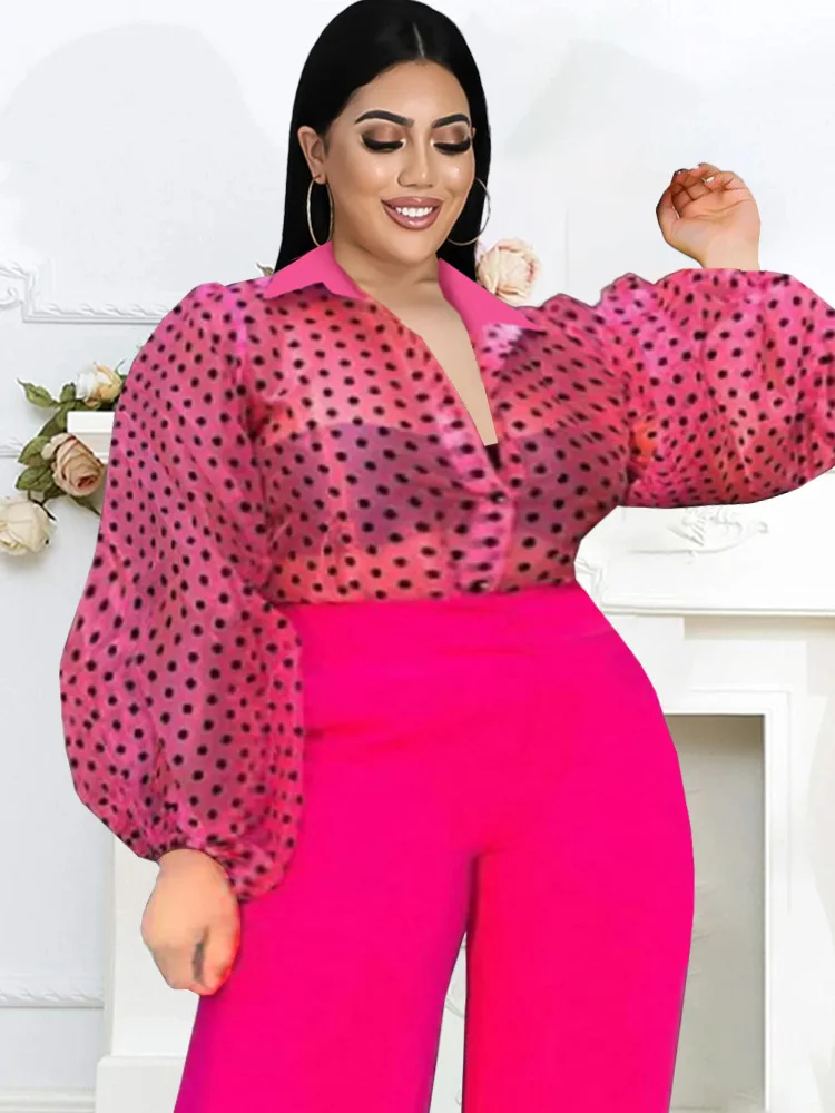 

Sexy Plus Size Women Clothing Polka Dot Blouse Office Lady Evening Party Shirts Top Long Puff Sleeve See Through Oversizd Ladies