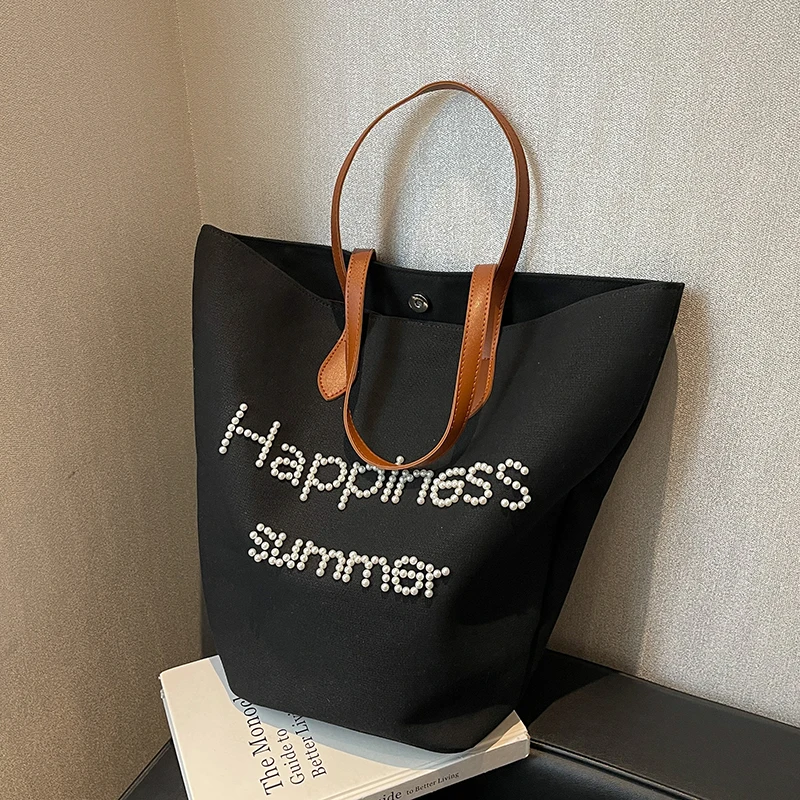 

New Large-Capacity Brand Letter Printed Canvas All-Match Western-Style High-Quality Texture Women'S Shoulder Tote Bucket Handbag