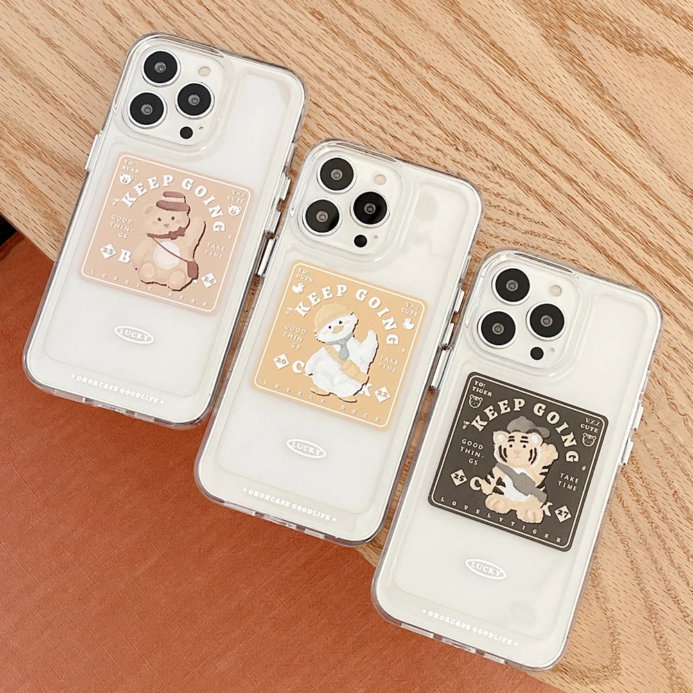 

Luxury Acrylic Keep Going Cartoon Animal Duck Tiger Bear Phone Case for iPhone 13 12 11 Pro Max XS X XR 7 8 Plus Back Cover