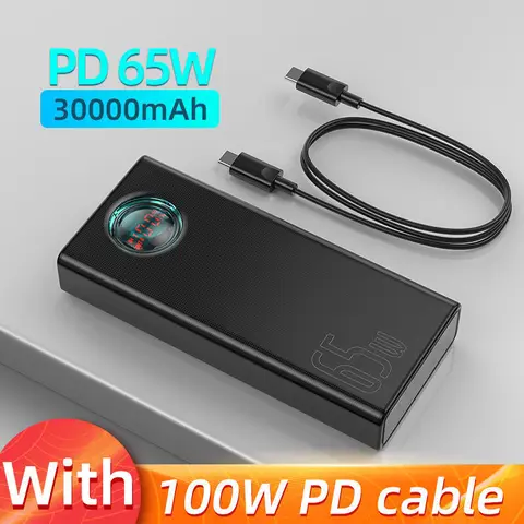 Power Bank Baseus 65W 30000mAh PD Быстрая Зарядка FCP SCP Портативное Внешнее Зарядное Устройство Для Смартфонов Ноутбуков