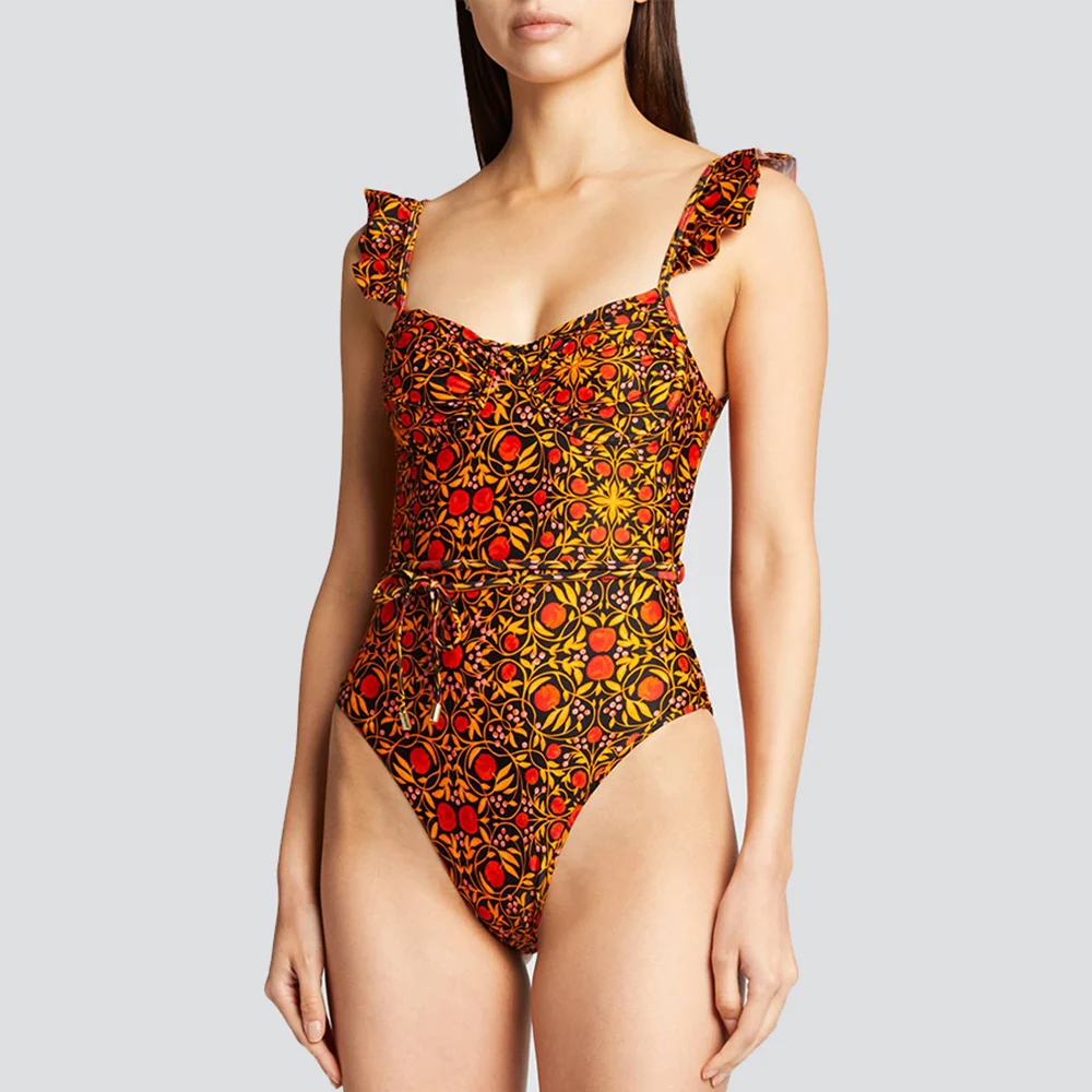 

Yellow Printed One Piece Swimsuit with Ruffle Side Straps Open Back Slim Bikini and Skirt Fashion Elegant 2022 Ladies