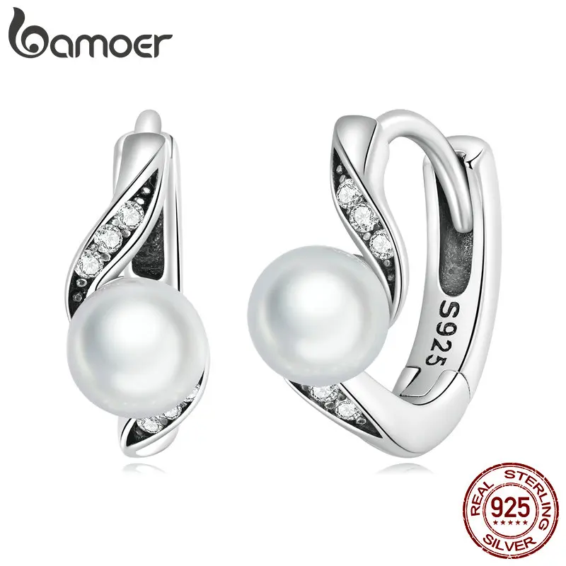

Bamoer 925 Sterling Silver Simple Pearl Zircon Stud Earrings Fashion Piercing Ear Buckles for Women Fine Wedding Jewelry