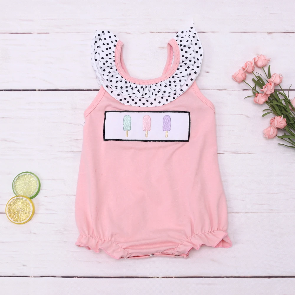 

New Summer Pink Sleeveless Baby Girl Jumpsuit Round Neck Ice Cream Embroidery Bodysuit Black Polka-Dot Bow One-Piece Clothes