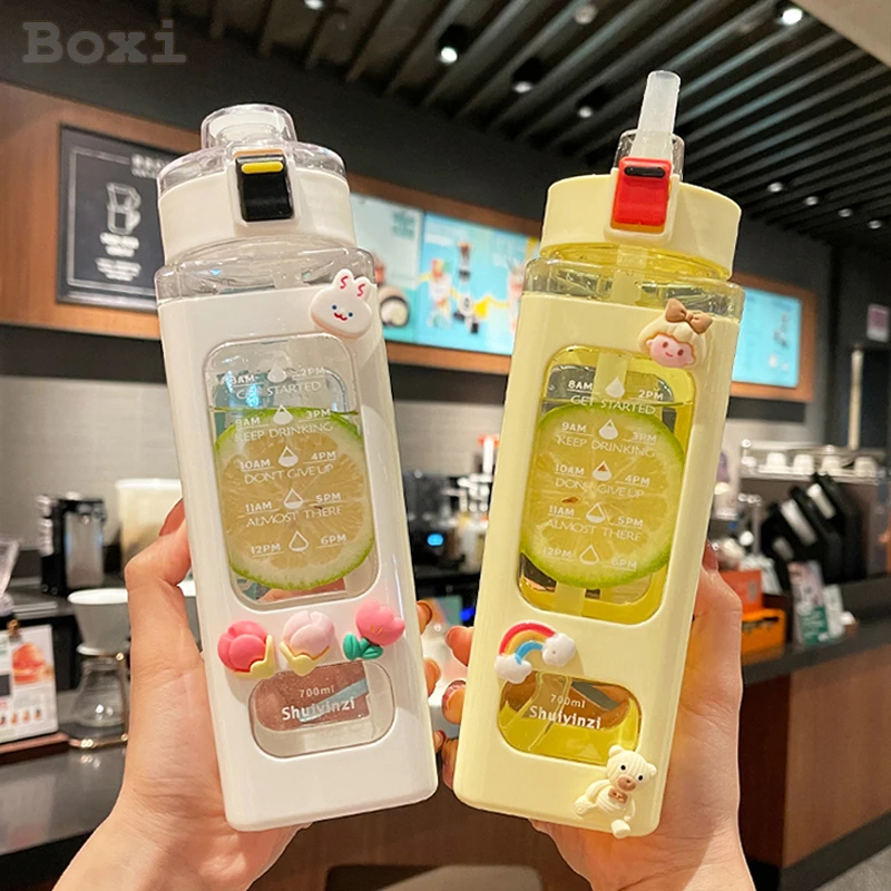 

Cute Square Straw Water Bottle For Adults With Time Marker Large Capacity Portable Sports Student Outdoor Plastic Cup BPA Free