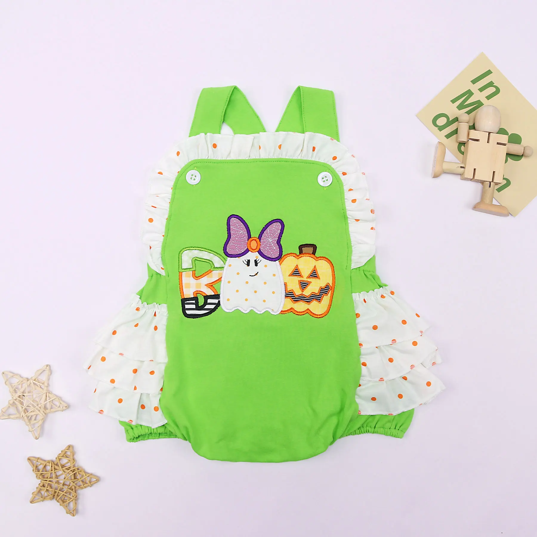 

Pumpkin Face Of Halloween Style Baby Girl Clothes Summer Cotton Romper Bright Green Cute Bubble For 0-3m Bow Splicing Kids Set