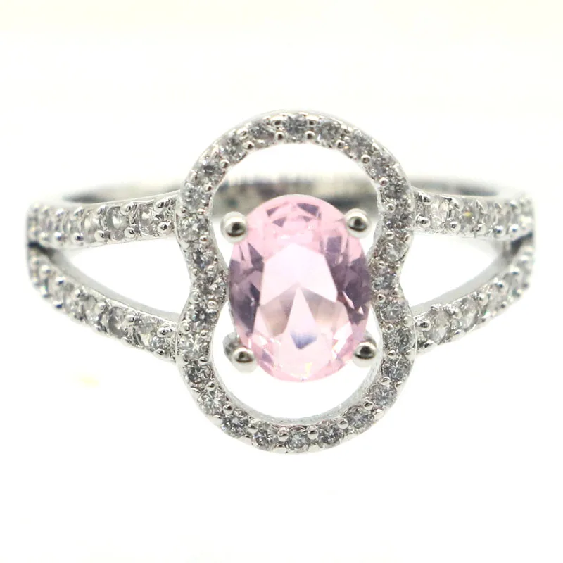 

15x10mm Lovely Cute 3.5g Pink Kunzite White CZ Women Engagement Dating 925 Silver Rings