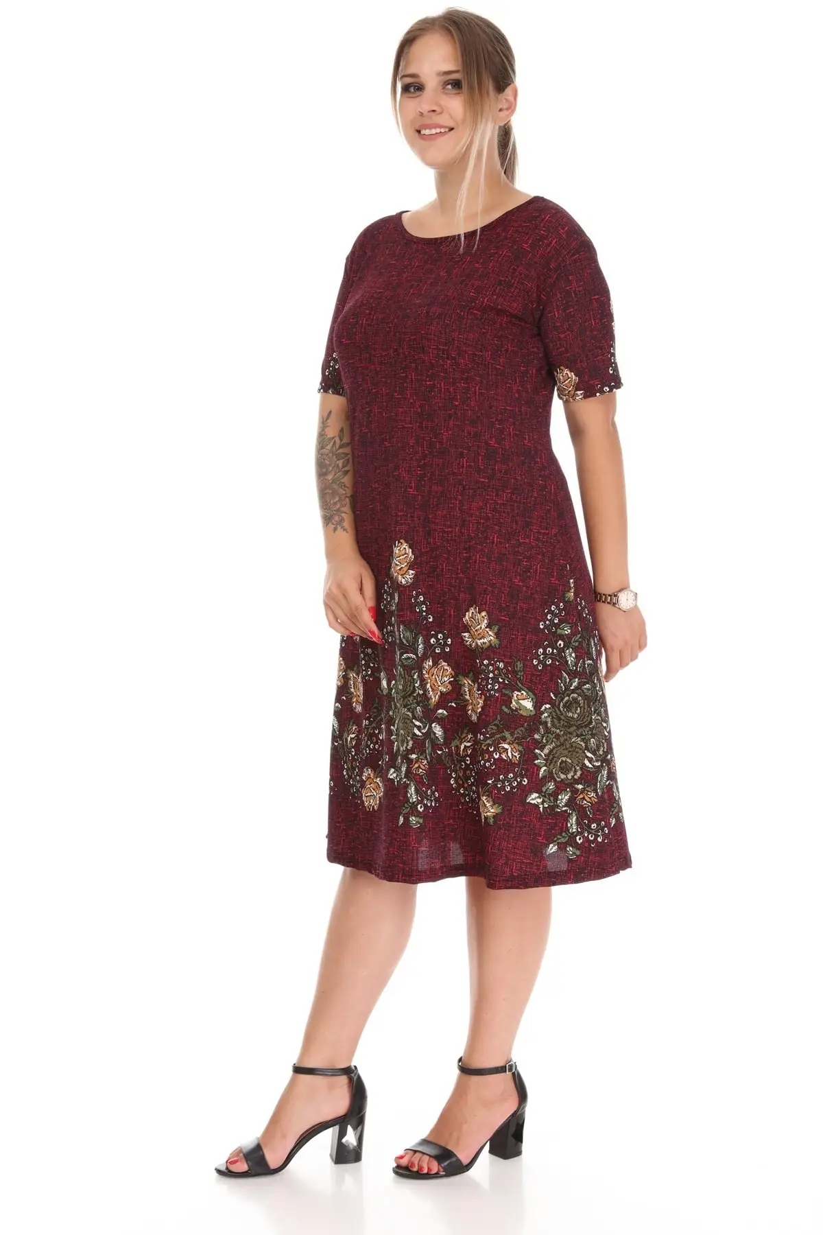 Plus Size Women's Dress Daily Burgundy Short Sleeve Patterned Crepe Round Neck Midi Length Lycra Viscose XL 2XL 3XL 4XL 5XL