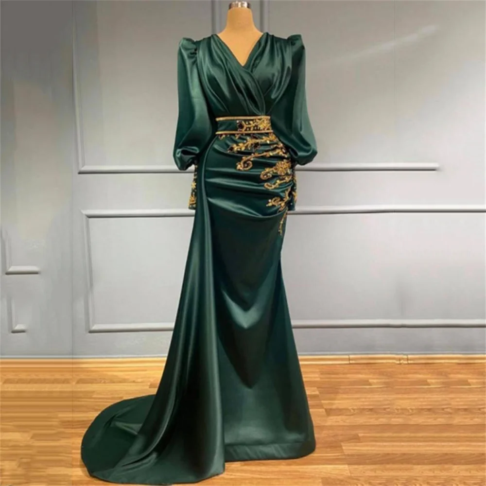

Elegant Dark Green V-Neck Long Sleeve Evening Dress Gold Sequin Applique Ball Gown Pleated Floor Length Train Party Dress Vestid