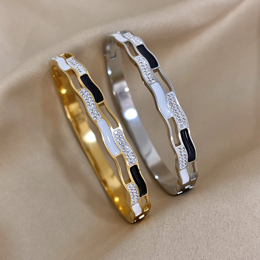 

Trendy Enamel Geometric Stainless Steel Bracelet For Women Fashion Irregular Wave Cuff Bangle Gold Plated Waterproof Wristband