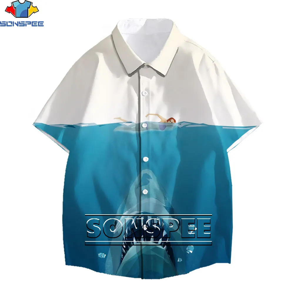 SONSPEE Classic Movie Jaws Men's Tops Shirts Summer Harajuku Hip Hop Short Sleeve 3D Print Men Women Vintage Shark Loose Tops