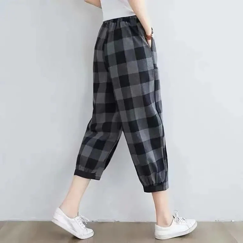 2021 Spring Summer Plaid Pants Women's Harem Pants Capris Drawstring Waist Large Size Casual Loose Cotton Linen Trousers Women