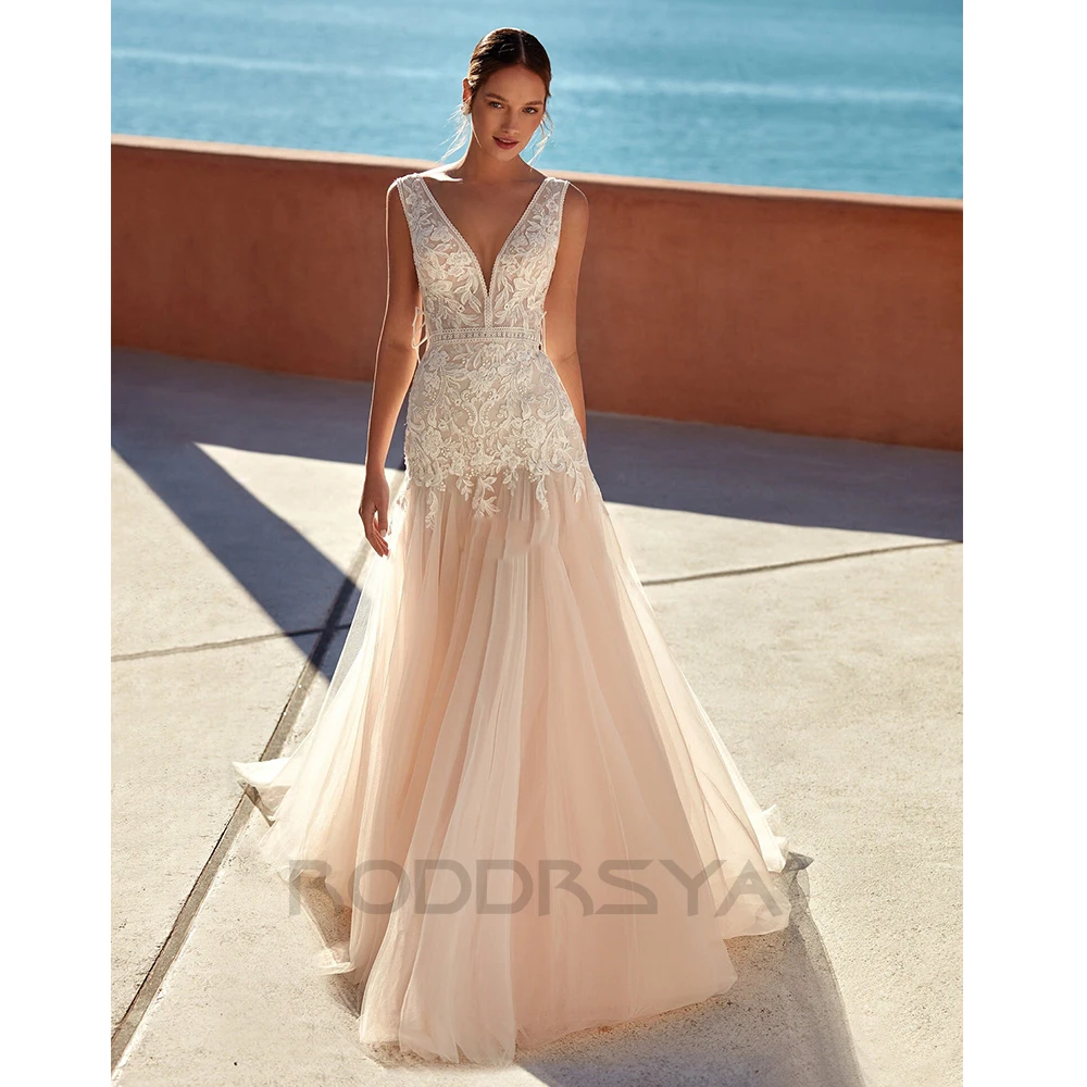 

RODDRSYA Boho Elegant Wedding Dresses For Women 2023 Mermaid V-neck Appliques Lace Backless With Button Custom Made Sweep Train