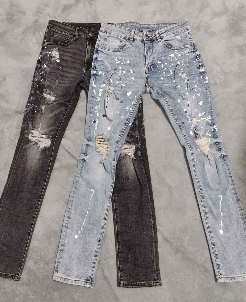 Fashion High Street Hole Washed Splash Ink Personality Slim Fit Elastic Men'S Jeans Retro Joggers Y2K Pencil Jeans For Men