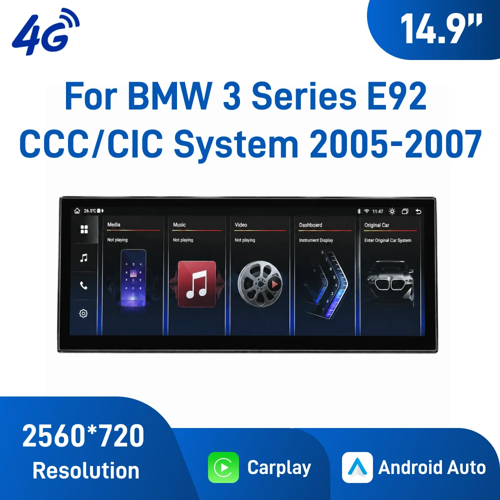 Фото 14,9-дюймовая Android-навигация для BMW 3 серии E92 2005-2007 с поддержкой CCC/CIC, 4G, беспроводного CarPlay, Android Auto и 360-градусной панорамной камерой, автомобильная магнитола №1