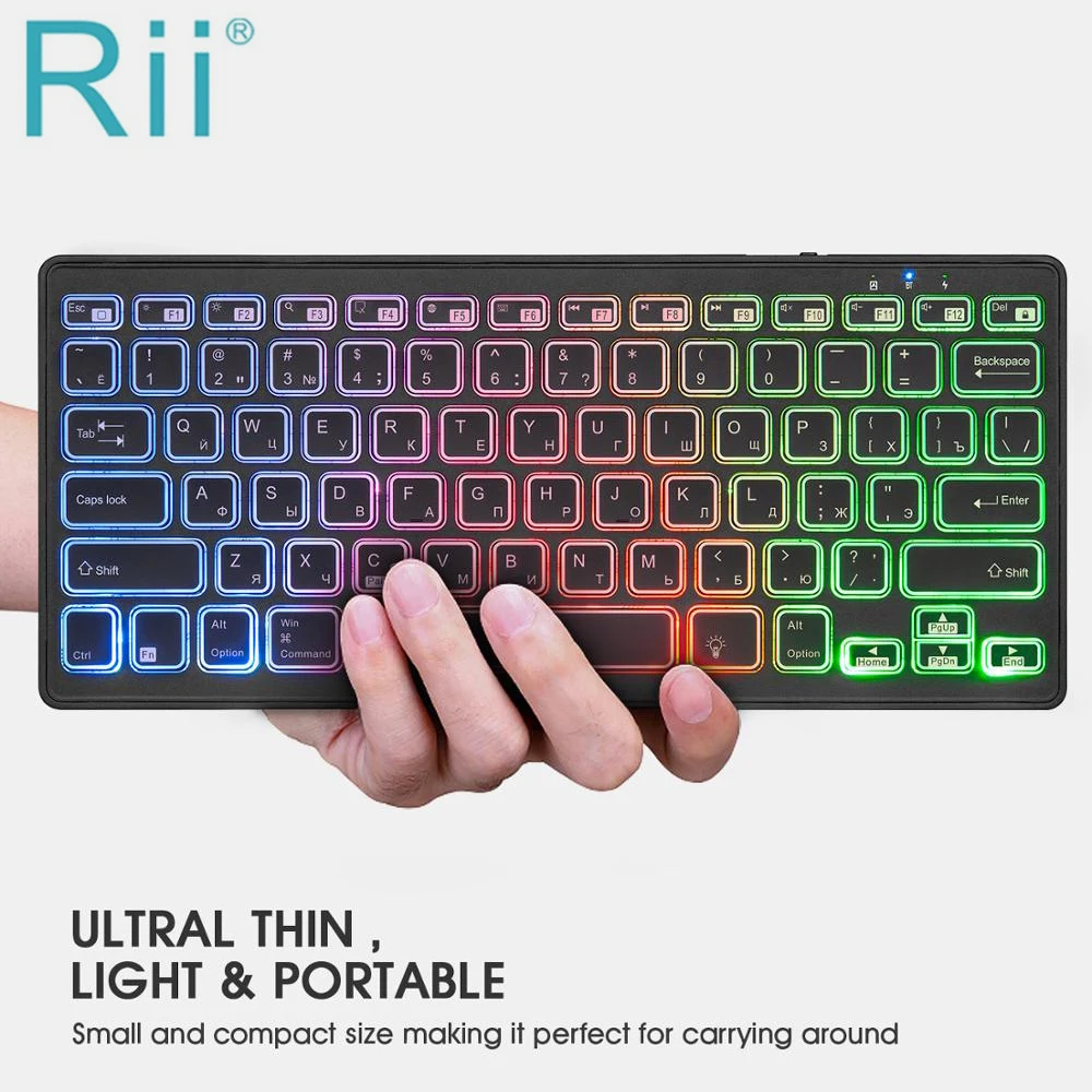 Rii Bluetooth 4.0 Wireless Multiple Color Rainbow LED Backlit Keyboard With Rechargeable Battery For iOS Android and MacBook