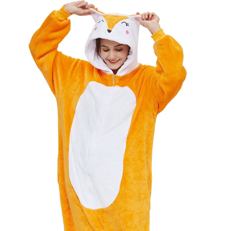 Family Kigurumi Pajamas Orange Embroidery Fox Animal Onesie Cosplay Costume Pajamas For Kids and Adults With Slippers
