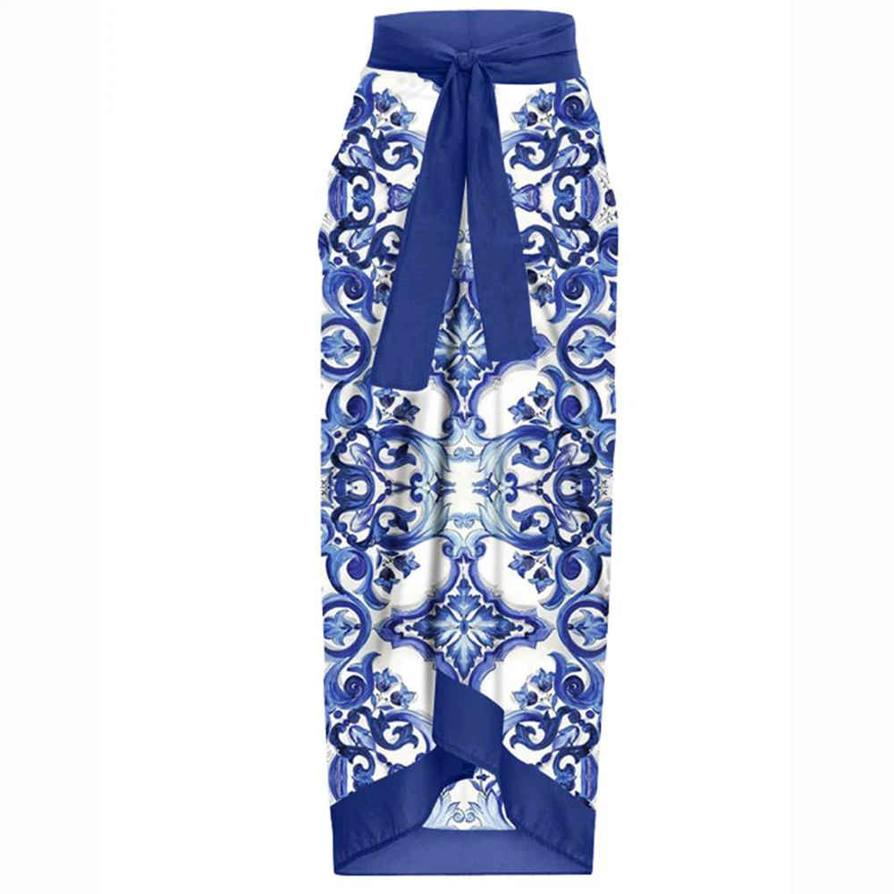 Blue Vintage Bathing Suit one-piece Swimsuit with Cover Up Fashion Printed Bikini Set Deep-v Beachwear Summer Beachwear Backless