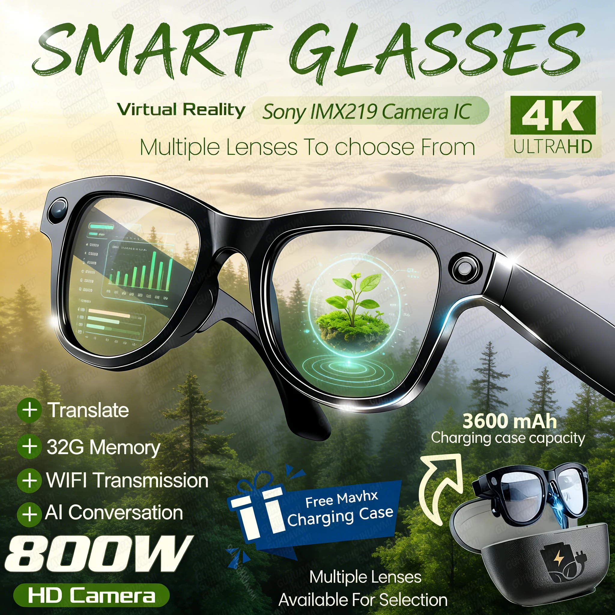 Фото Новые умные AI-очки 2026 года с камерой 4K 800W, ChatGPT, фото и видео, зарядным кейсом 3600 мАч (Power Bank), 32 ГБ памяти, функцией перевода и музыкой, солнцезащитные очки №1