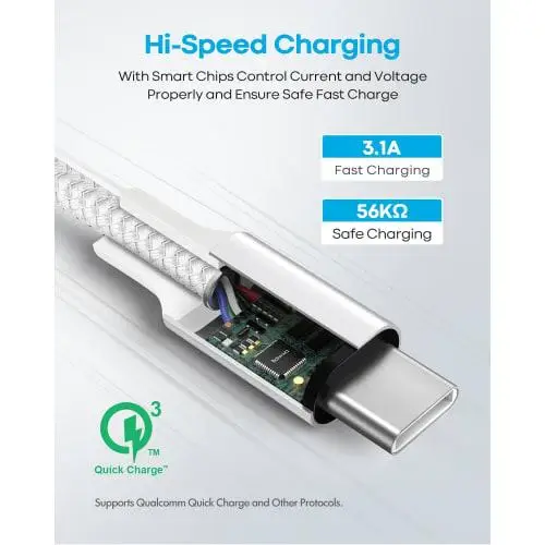 Кабель USB Type C белый [Комплект из 2 предметов длиной 3 м] для быстрой зарядки Baiwwa USB-A -