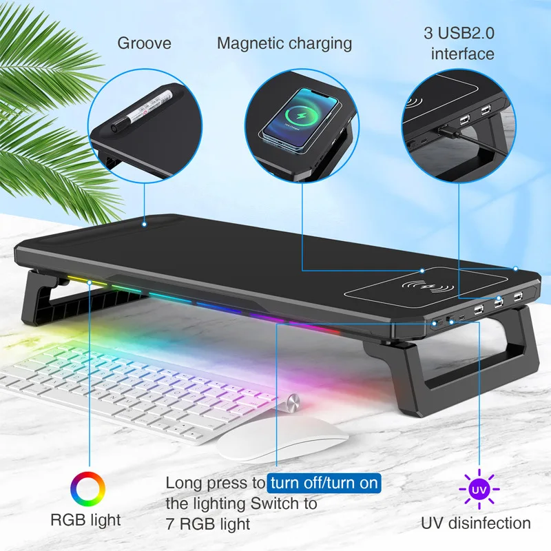 Фото Подставка для настольного монитора RGB с 3 портами USB 2.0, перезаряжаемая, с подсветкой, универсальная подставка для ноутбука, стеллаж для хранения №1