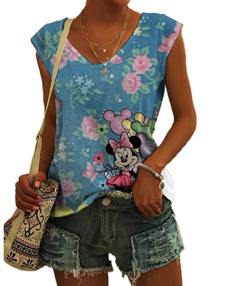 

Anime women's vest camisole Disney Minnie Mickey Mouse long ears print summer sleeveless casual street V-neck vest female